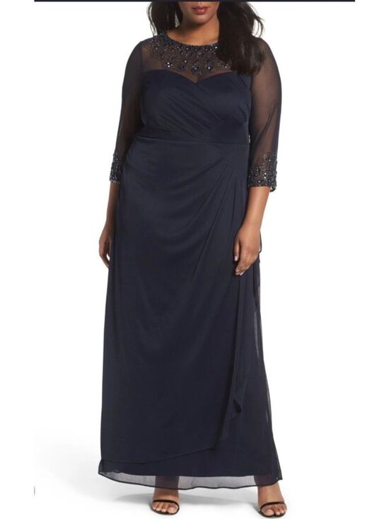 Alex Evening Dresses & Skirts - Alex Evening Illusion Beaded Navy Ruched Dress Size 12P